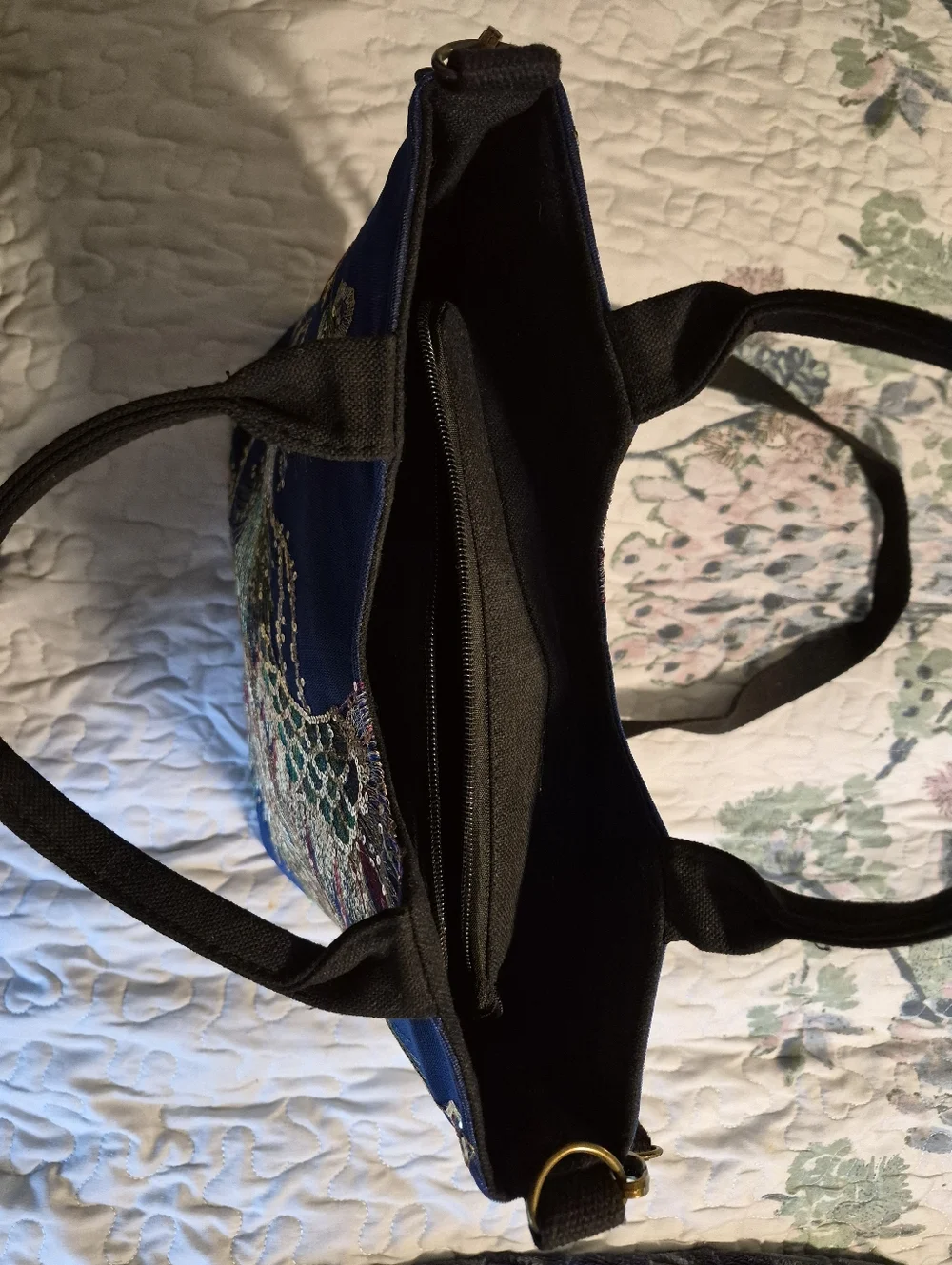 "Ella And Elly" Dark Blue Peacock Sequined Embroidered Tote Shoulder Bag - Picture 7 of 12
